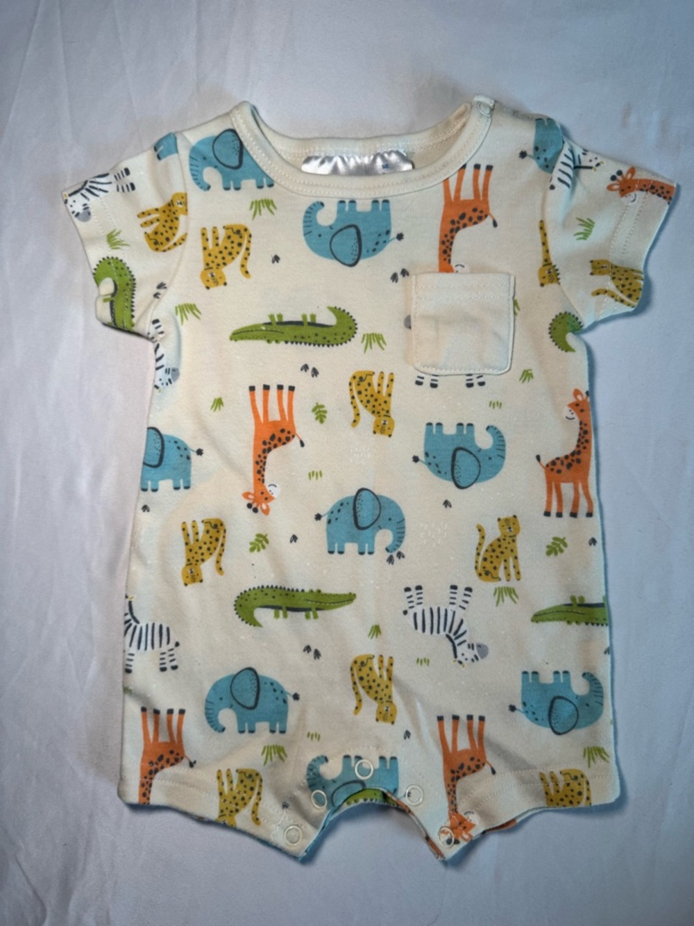 Kidgets Cream Baby Romper with Blue, Orange, Green Animal Print